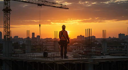 Silhouette of engineer on construction site with sunset sky background.の素材