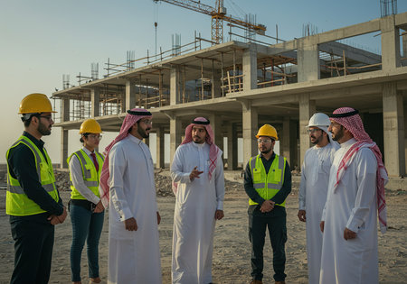 Group of multi ethnic muslim business people walking on the construction siteの素材