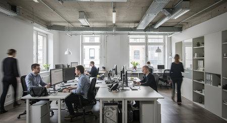 Group of business people working together in a modern open plan office.の素材