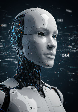 3d rendering humanoid robot with circuit board on dark background, artificial intelligence conceptの素材
