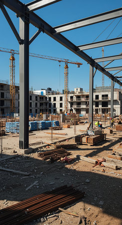 Building under construction with scaffolding and cranes on blue sky backgroundの素材