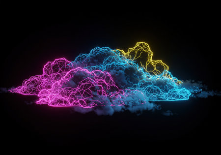 3d rendering of a cloud with neon lights on a black backgroundの素材