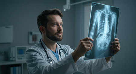Young male doctor looking at x-ray image of lungs in hospitalの素材
