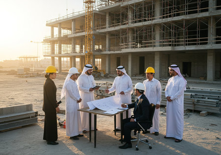 Group of arabic architects working on construction site at sunset.の素材