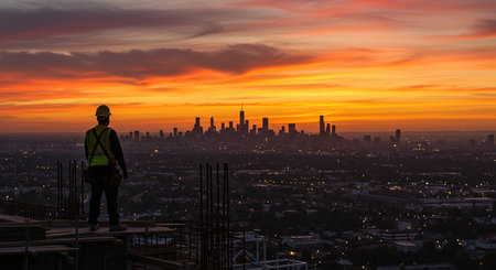 Silhouette engineer on construction site with cityscape background at sunsetの素材
