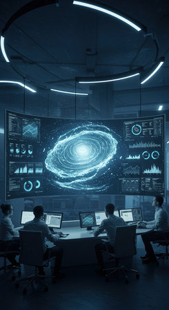 Group of business people working together in office with glowing planet hologram.の素材