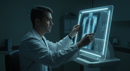 Male doctor looking at x-ray image of human spine in medical officeの素材