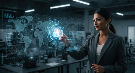 Businesswoman touching hologram screen with padlock. Data security conceptの素材