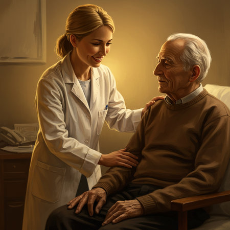 Doctor examining senior patient at home. Health care and medical concept.の素材