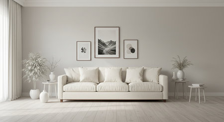 interior modern bright room with white sofa 3D rendering computer generated imageの素材