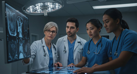 Team of doctors looking at x-ray image in the operating roomの素材