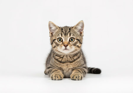 Cute tabby kitten sitting on white background and looking at cameraの素材