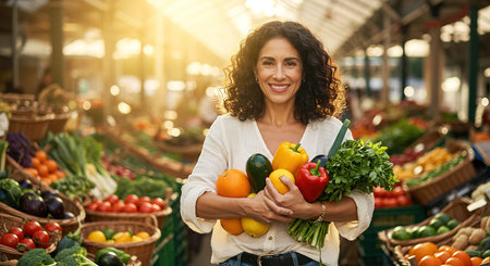 Portrait of happy young woman with fresh vegetables on the market.の素材