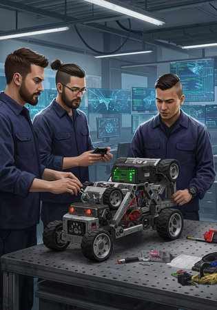 3d rendering of two mechanics working on a robot at the factoryの素材