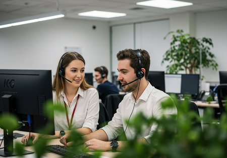 Young business people wearing headset working in modern office. Call center, telemarketing, customer support agent provide service on telephone video conference call.の素材