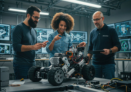 Team of engineers working together on a robot in the robotics laboratory.の素材