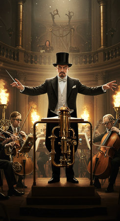 Old man in top hat playing the trumpet in a music hall.の素材