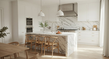 Modern white kitchen interior design. 3d rendering mock up toned imageの素材