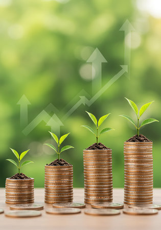 Investment concept, Stacks of coins money with green background.の素材