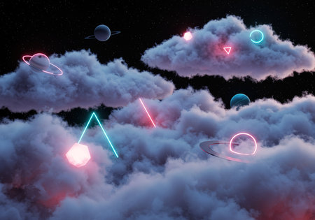 3d rendering of abstract night sky with cloud and neon lights.の素材