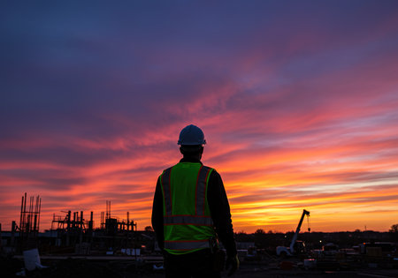 Silhouette of engineer standing on construction site and looking at sunsetの素材
