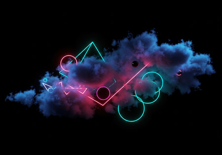 Neon geometric shapes on the dark background. 3d rendering.の素材
