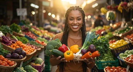 Portrait of young african american woman holding fresh vegetables at marketの素材