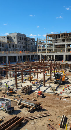 Construction site with scaffolding and workers at sunny day. Moscow, Russiaの素材