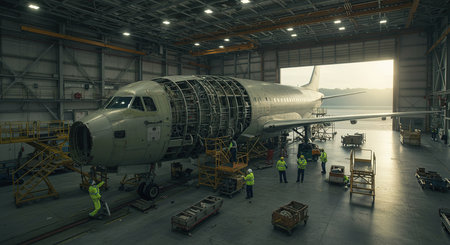 3D rendering of an airplane in a hangar with workers at workの素材