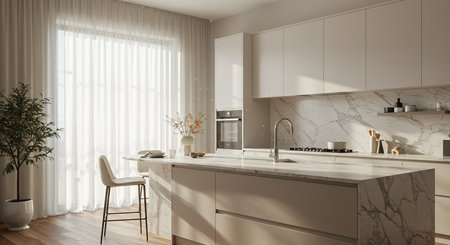 3d Illustration of white modern kitchen in a house with a beautiful designの素材