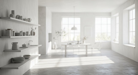 Kitchen interior with white walls, concrete floor and white cupboards. 3d rendering mock upの素材