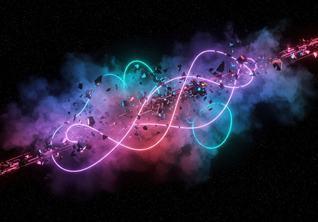 music notes on a black background with smoke in the night. 3d renderingの素材