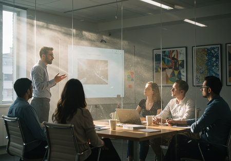 Group of a young business people discussing business plan  in the officeの素材