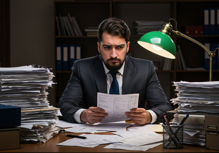 Businessman working late at night in the office with piles of paperworkの素材