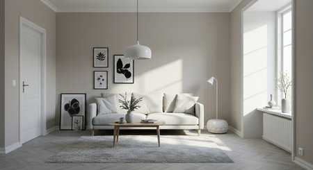 interior with white sofa. 3d render illustration mock-upの素材