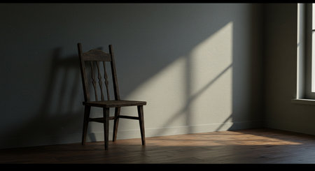 3d render of an old chair in a room with a shadowの素材