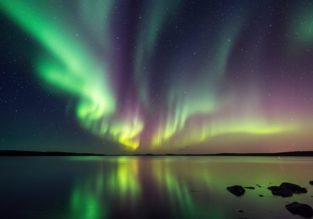 Aurora borealis, northern lights over lake. Long exposure.の素材