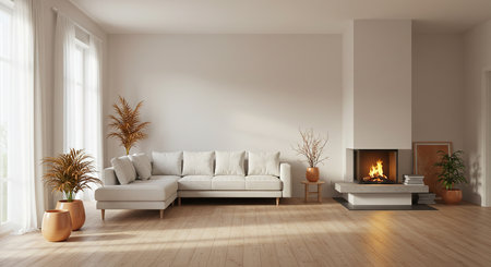 Modern bright interiors 3D rendering illustration. Living room with fireplaceの素材