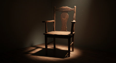 Wooden chair in dark room with spotlight. 3D rendering.の素材