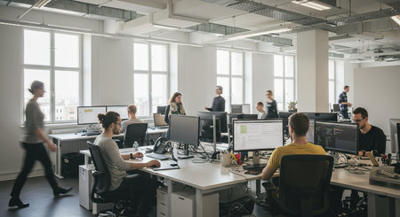 Group of diverse business people working together in a modern open plan officeの素材