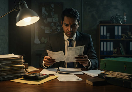 asian businessman in suit working with documents and calculator at desk in officeの素材