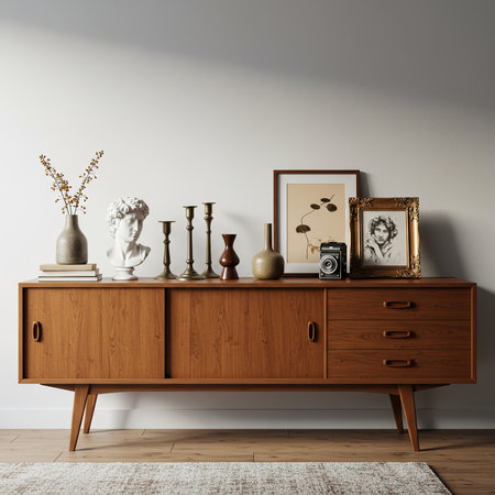 Interior of modern living room with wooden chest of drawers. 3d renderの素材