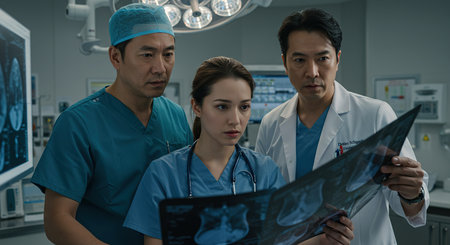 group of doctors examining x-ray film in operating room at hospitalの素材