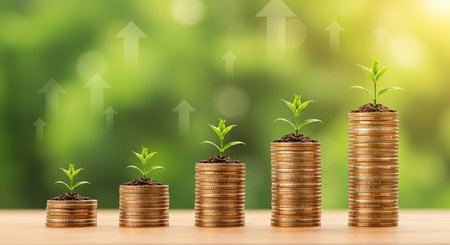 Investment growth concept, Coins graph stock market 3d render.の素材