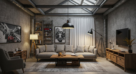3D rendering of a living room in loft style with a sofa and TV.の素材