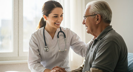 Doctor and patient discussing something while sitting on the bed at the hospitalの素材