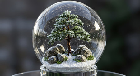 Snow globe with pine tree in the snow. 3d illustration.の素材