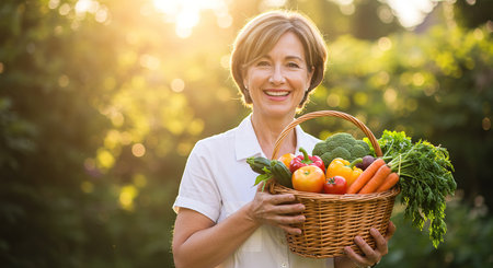 Portrait of smiling senior woman holding basket with fresh vegetables in gardenの素材