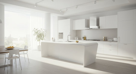 3d Illustration of white modern kitchen in a house with a beautiful designの素材