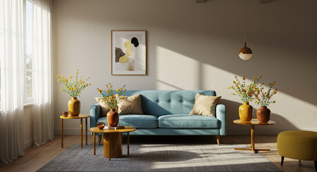 Interior of modern living room with blue sofa and yellow armchairsの素材